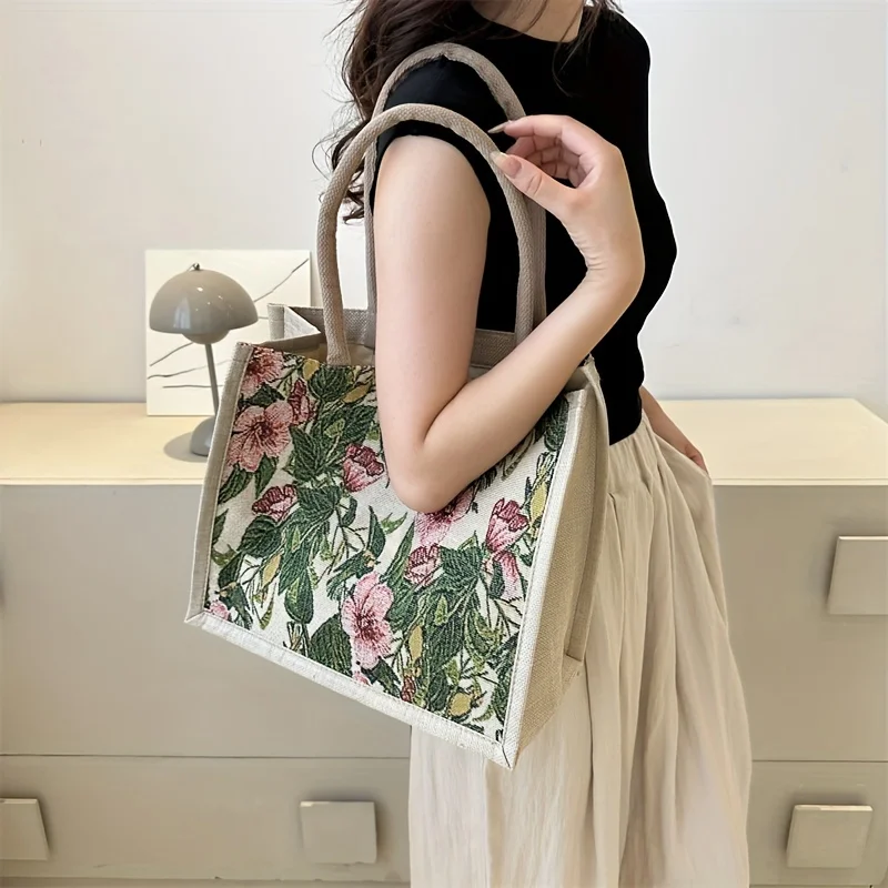 

Vintage Flower Pattern Tote Bag, Trendy Portable Casual Shoulder Bag, Perfect Handbag For Shopping Holiday Birthday Parties