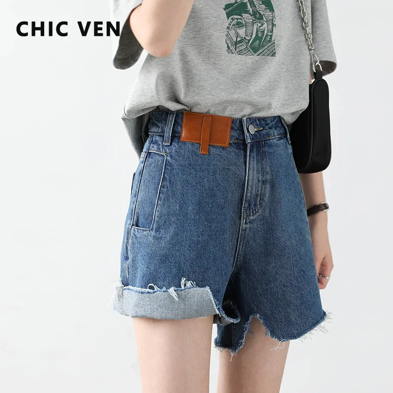 CHIC VEN Women's Denim Shorts Retro Irregularly Cut Blue High-waisted Short Jeans for Women Streetwear Pants Ladies Summer