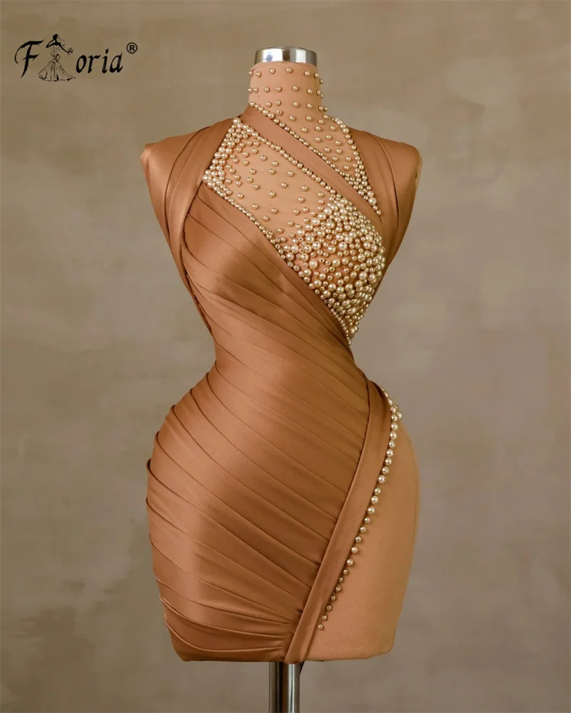 Жемчужное прозрачное коктейльное платье без рукавов, плиссированное короткое платье с высокой горловиной для мероприятий