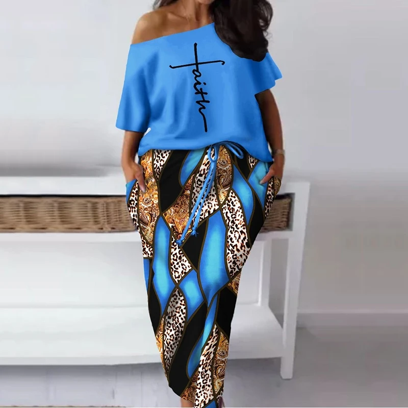 

Summer Women's Two Piece Sets Femme Slew Collar Tops and Drawstring Skirt Sets Female Casual Loose Streetwear Pencil Clothing