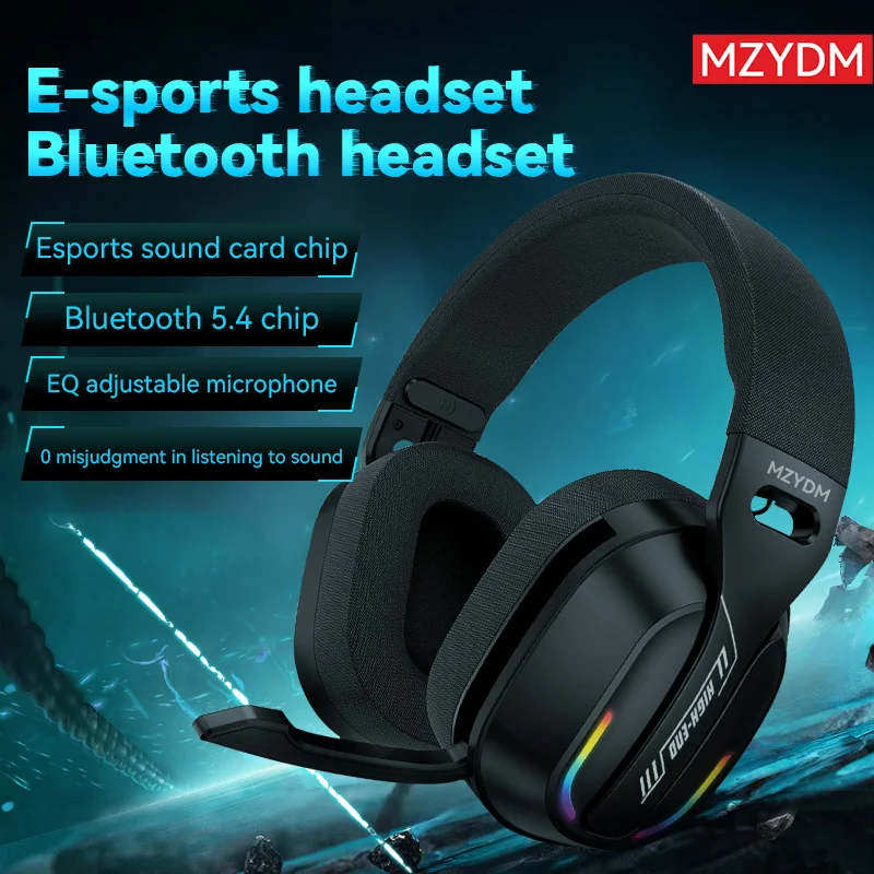 Mzydm sobre a orelha fone de ouvido bluetooth5.4 sem fio estéreo jogos b500 fones microfone embutido rgb luz baixa latência para pc foto 6