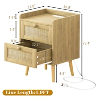 Rattan Nightstand with Charging Station, Rustic Bedside Table with 2 Drawers, Natural Nightstand for Bedroom 2