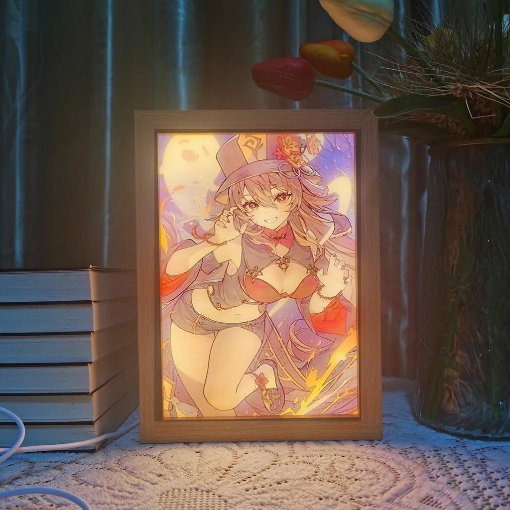 

Anime Led Photo Frame Lamp Genshin Impact Hu Tao Yoimiya Art Painting Design Night Light Attack Titan Home Decor Kid Room Gift