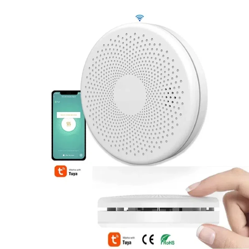 2 in 1 Version WiFi Tuya Smart Co & Smoke Dual Sensor Fire Alarm Carbon Monoxide Detector Sound Alert Parlor Room Kitchen Shop