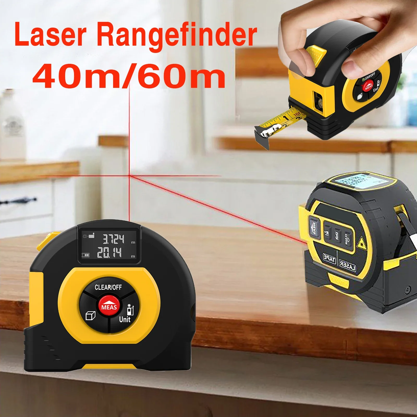 

2 in 1 40m/60m Laser Rangefinder 5m Tape Measure Ruler LCD Display with Backlight Distance Meter Building Measurement Device