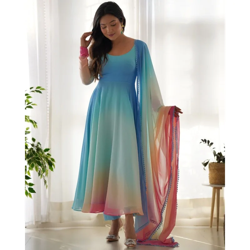 Pakistani Salwar Kameez Wedding Suit Blue Gradient Long Sleeved Round Neck Dress