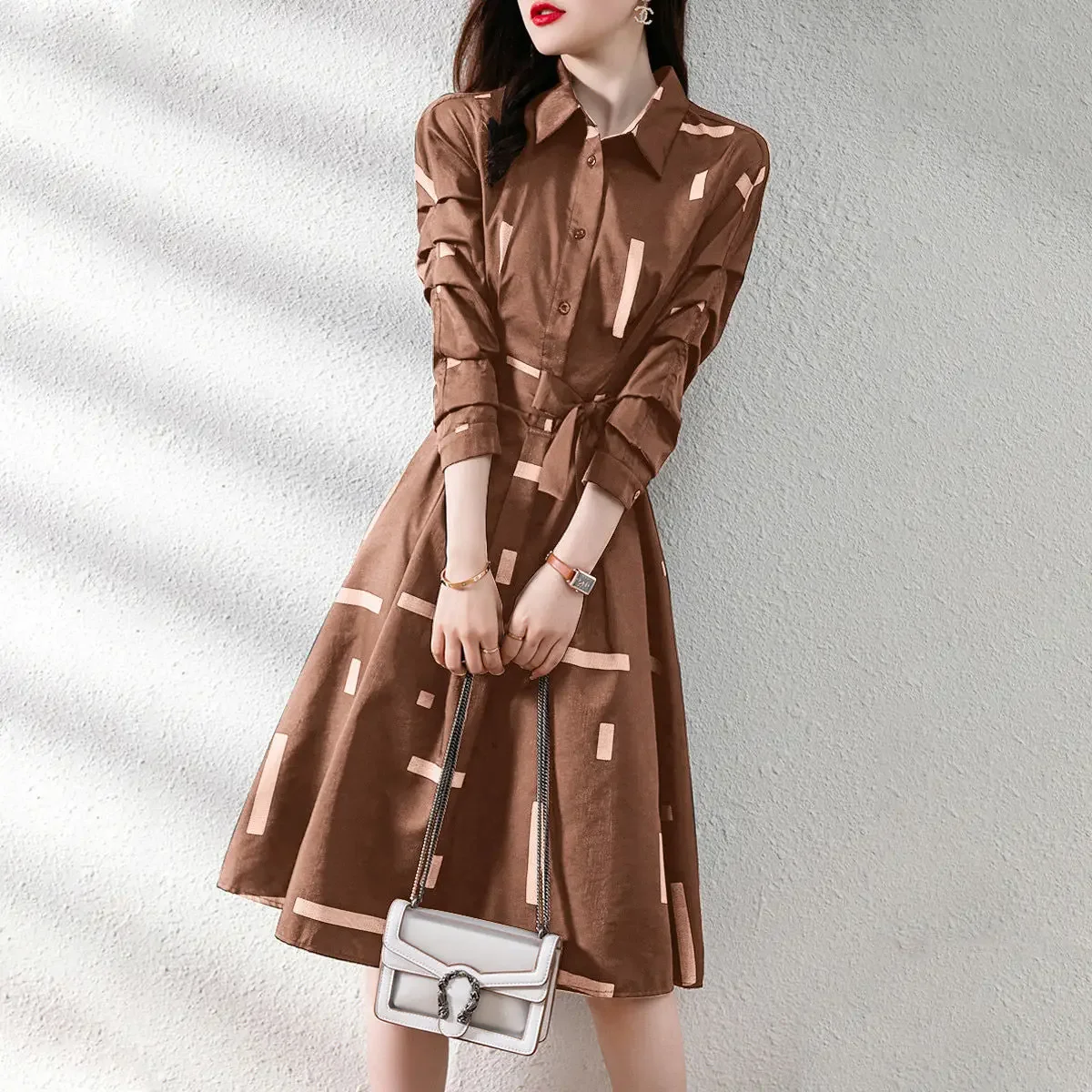 Elegant Fashion Geometric Printed Belt Dresses Spring Long Sleeve Polo-neck Loose Tunic Pullover Midi Dress Female Clothing P29