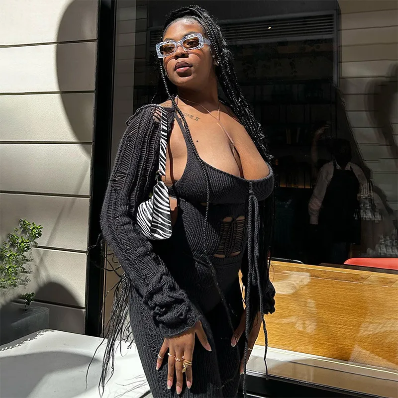 Knit Halter Hollow Out Jumpsuit Women One Piece Outfit 2023 Autumn Winter Street Stacked Pant Female Fashion Elegant Jumpsuit