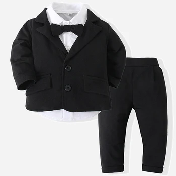 Spring Newborn Boy Clothes Korean Fashion Gentleman Black Suit Coat+Tops+Pants Kids Outfit Baby Boutique Clothing Sets BC1018-1