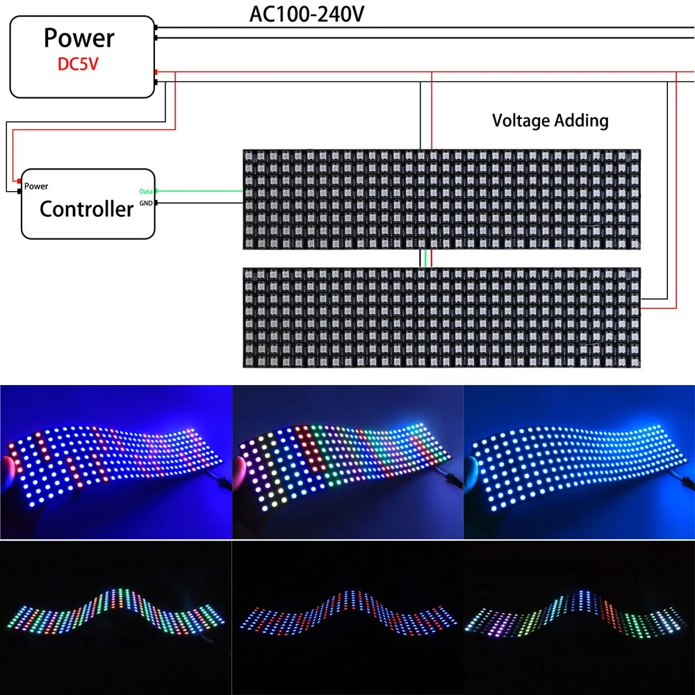 1~3PCS WS2812B RGB LED Flexible 8x8 16x16 8x32 Pixel Panel Strip Matrix Screen W