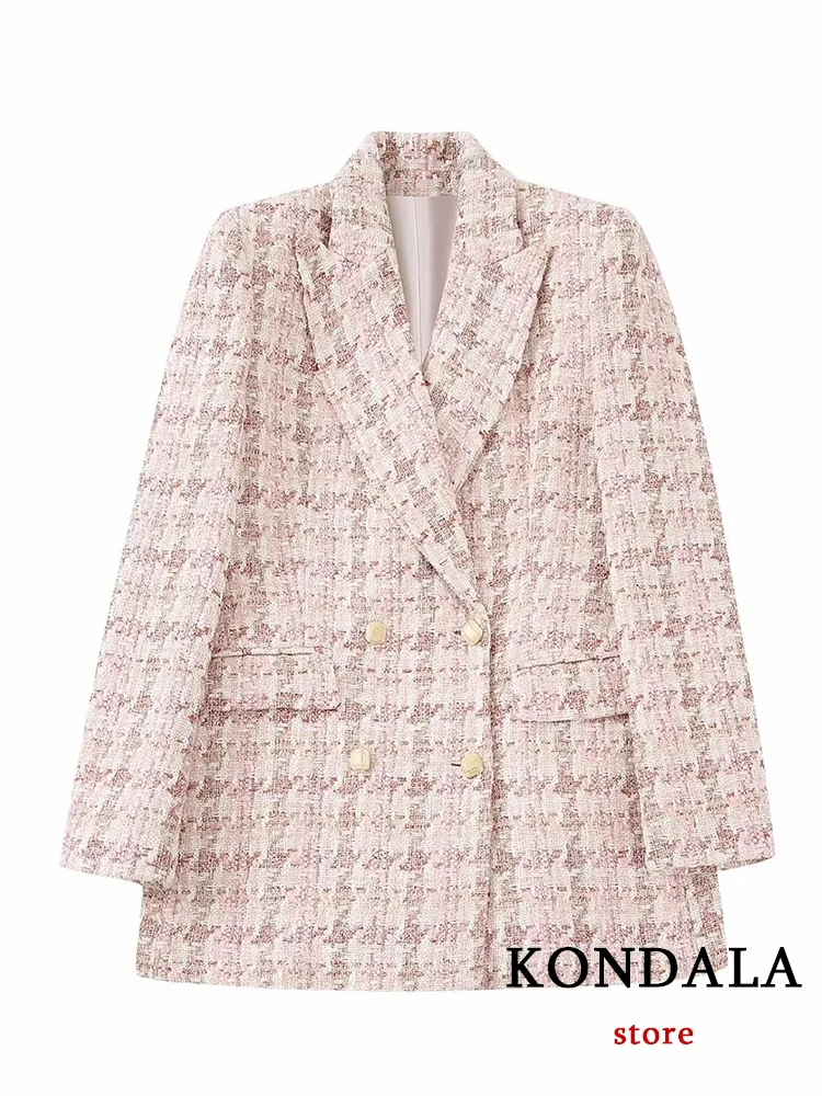 

KONDALA Vintage Plaid Oversized Casual Blazer Long Sleeve Double Breast Sweet Outwear Fashion 2022 Office Lady Chic Mujer Jacket