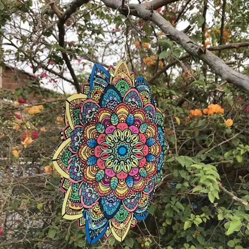 Wind chime 3D colorful wind spinning mandala 12 Inch foldable rotating garden metal chime peacock flower