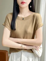 2026 Fashion Slash Neck Women Sweater Ice Silk Spring Summer Knitted Sweater Loose Casual Korean Shirts Short Sleeve Knitwears - Image 3