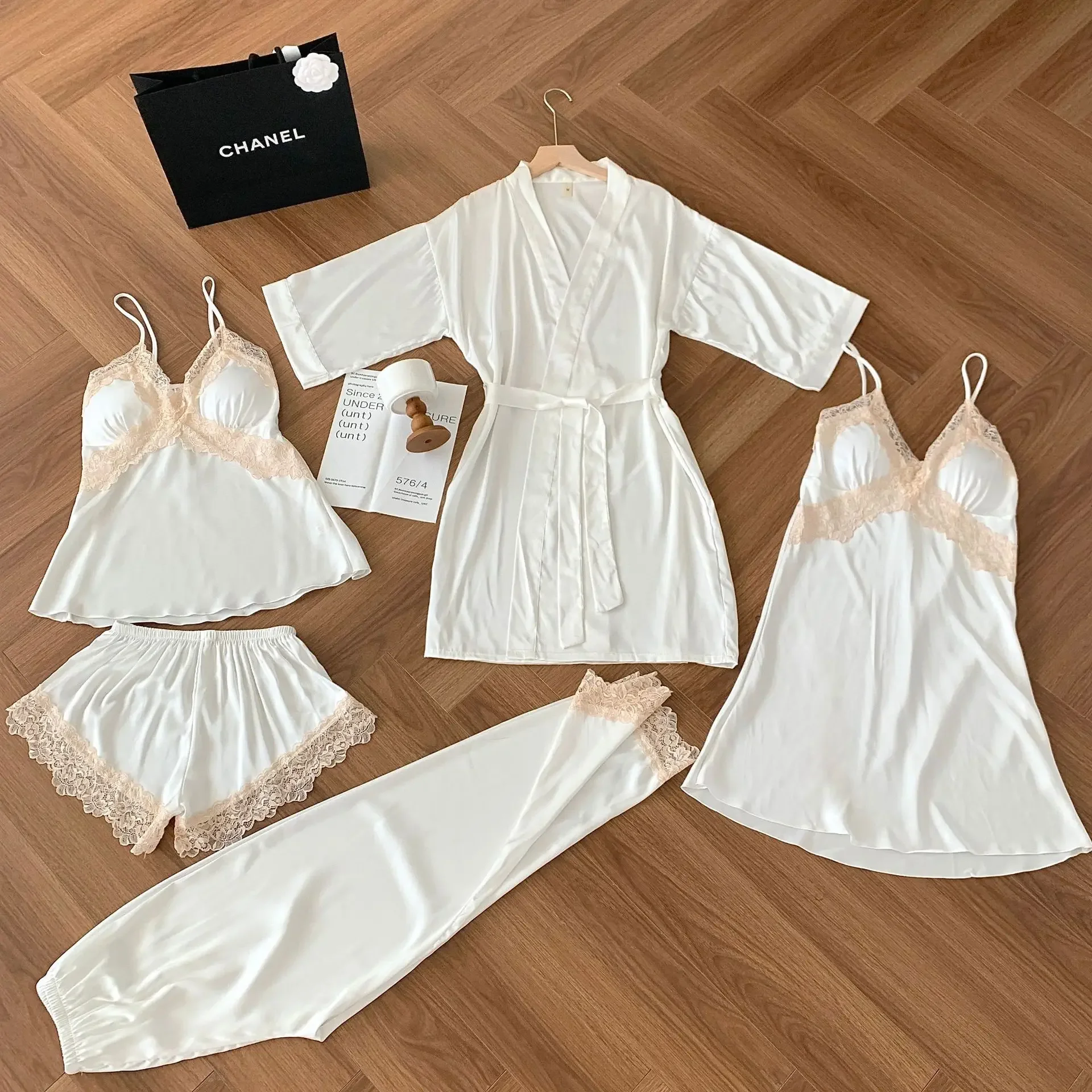 Five Piece Women Pajamas Set Lace Sleepwear Bathrobe Lingerie Summer Satin Nightgown Pijamas Suit Nightsuits Home Wear Clothing