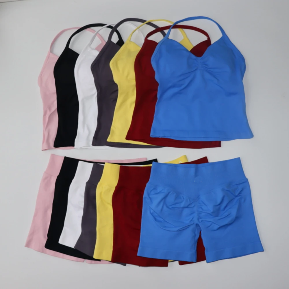 Impact Gym Set 2pcs Longline Strappy Top Workout Vest Scrunch Shorts Sports Halter Suit Fitness Clothes Seamless Yoga Outfit Set
