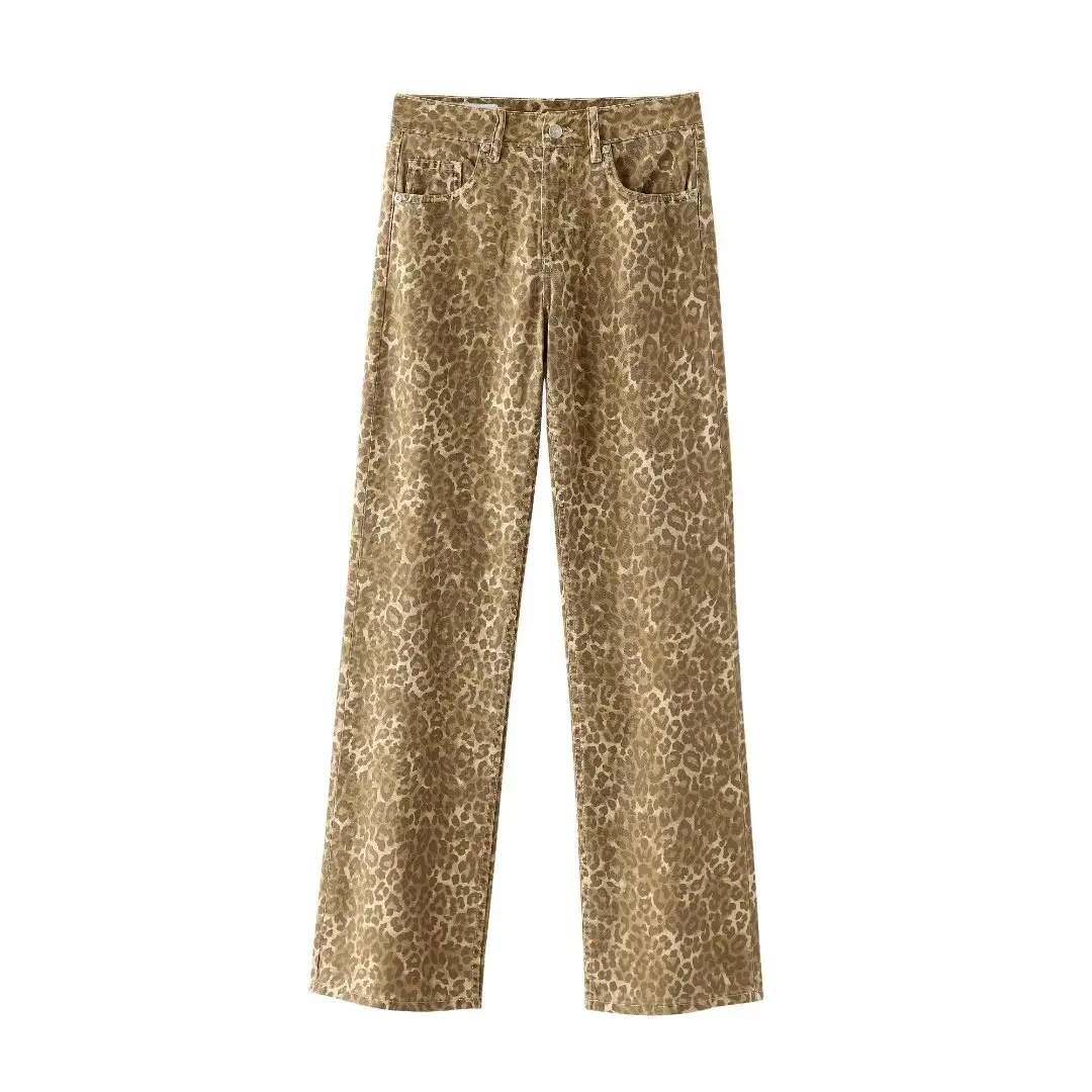 thumbnail image 1 of HH TRAF Pantalones vaqueros elegantes de verano para mujer, con bolsillos, botones, estampado animal, cintura media, pierna ancha, pantalones vaqueros de calle para mujer, 1 of 5
