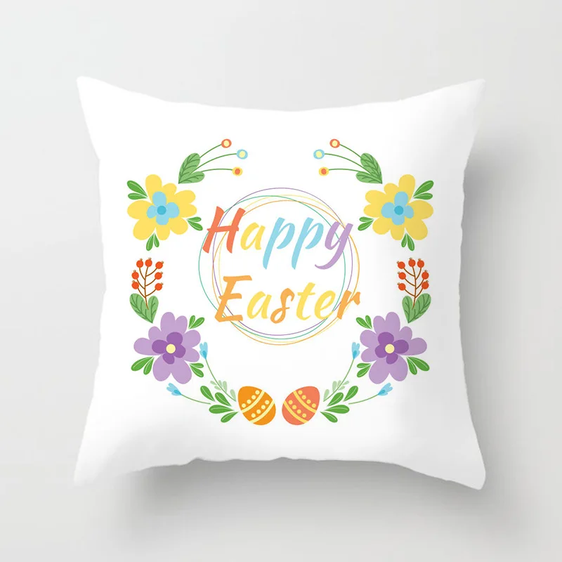 45x45cm Happy Easter Cushion Cover Spring  Home Decorative Flower Garland Rabbit  Egg Print Pillow Case 5
