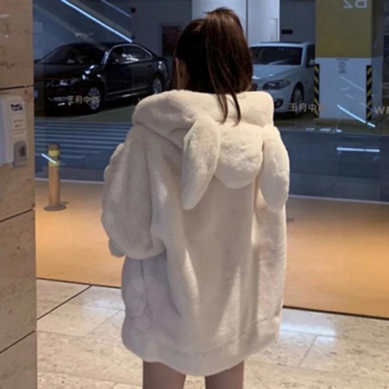 2023 Winter New Oversize Harajuku Hooded Outwear Women Imitation Fur Coat Fluffy Jacket Rabbit Ears Casual Raglan Sleeve Zipper