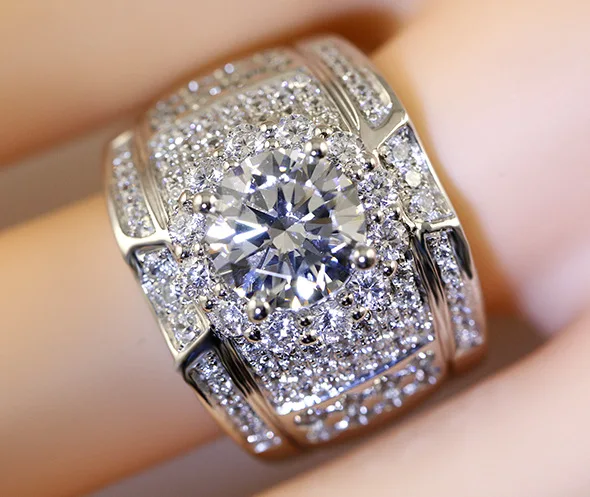 Silver ring silver rings Luxury Full Crystal Big Stone AAAAA Cubic Zirconia Silver Rings Men And Women Princess Male Zircon 925 Ring Jewelry SZ 6-13