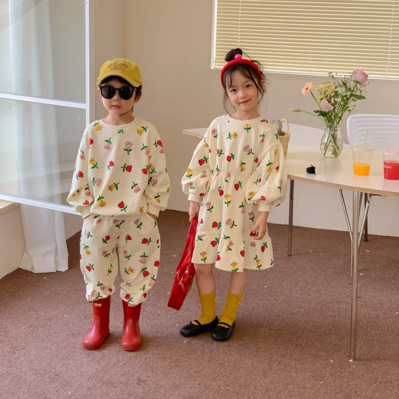 

Children's Set 2023 Spring Autumn Korean Style Edition Long sleeved Pants Two Piece Sets Fashion Cotton Flower Fish Tail Dress