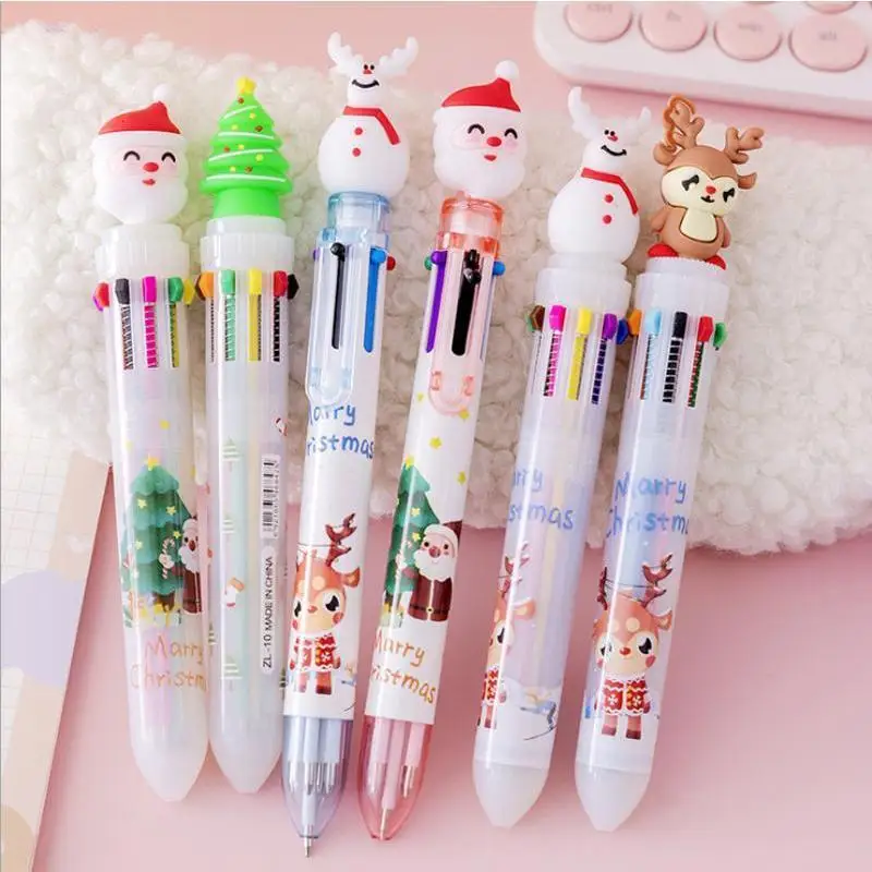 Christmas Ballpoint Pen Press Type 10 Color 6-color Ballpoint Pen Color Multifunctional Marker Pen Creative Stationery Wholesale