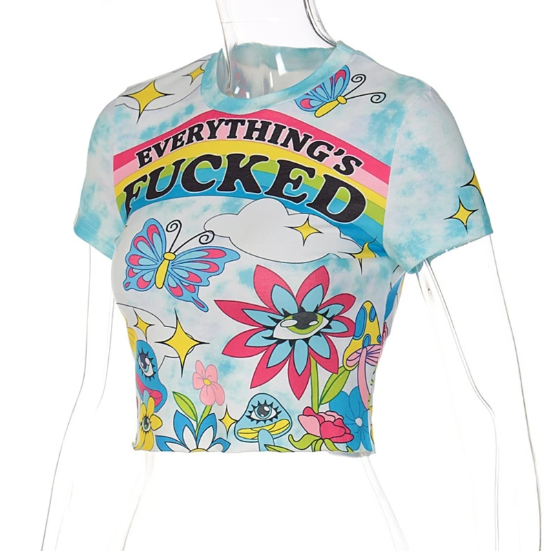 

Women Harajuku Short Sleeve Crop Top Big Eye Mushroom for Butterfly Graphic T-Sh