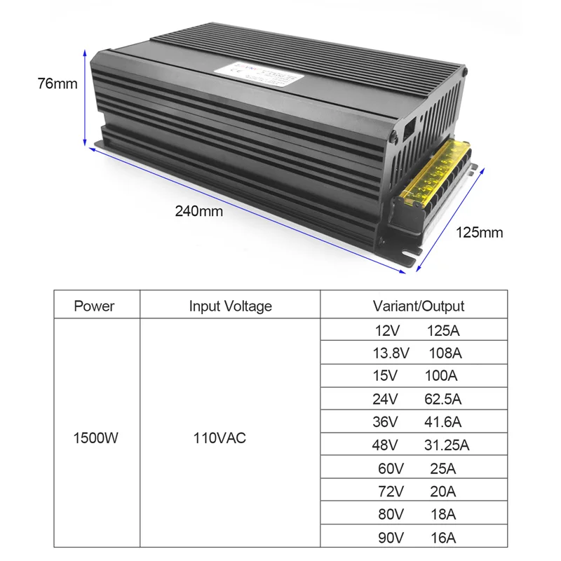 High Quality 1500W Switching Power Supply Black 110/220VAC Dc12V 13.8V 15V 24V 36V 48V 60V 72V 80V 90V for Industrial Field