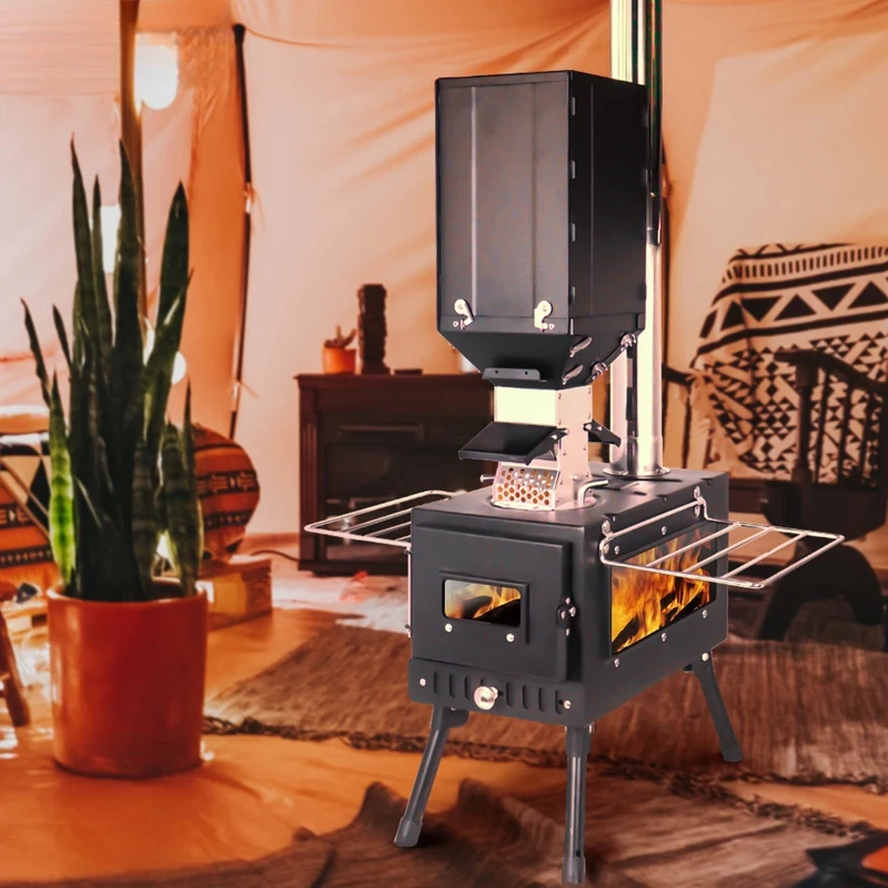 Portable Windproof Outdoor Pellet Fire Wood Heater with Burner Stove Bin for Camping Tent 4