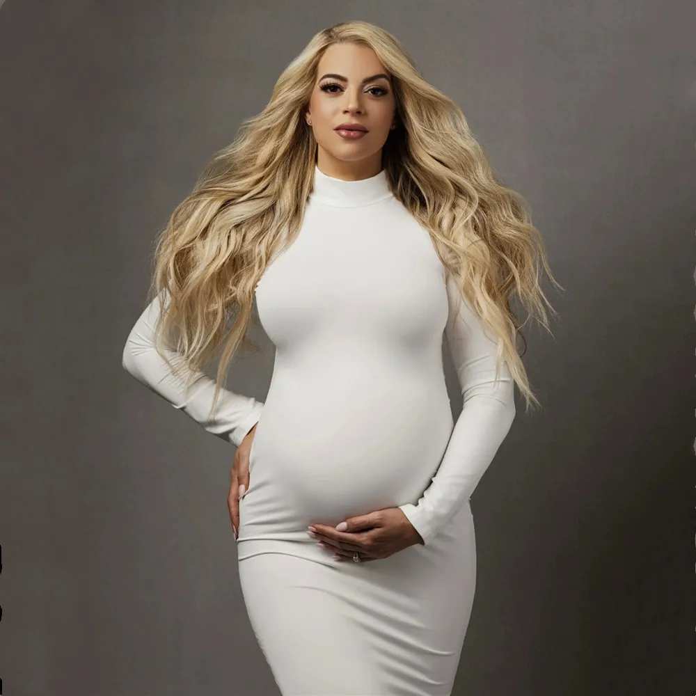 High Neck Full Sleeve Maternity Skinny Dress For Photography Pregnant Woman Stretchy Long Dress