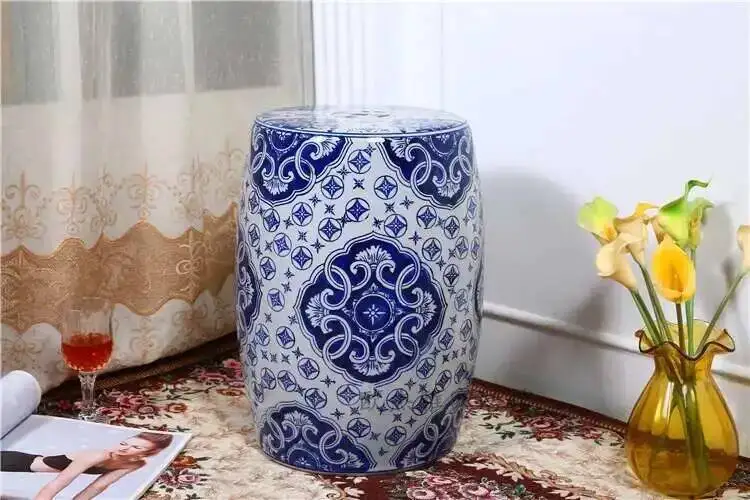 White Porcelain and Drawn Blue Shoe Hand Changing Stool Ceramic Drum Bathroom Neoclassical Imitation Sitting Stool Low Round