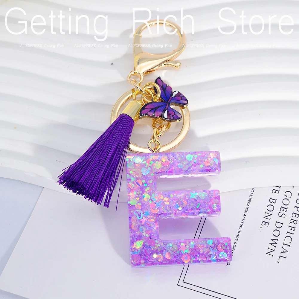 Porte-clés Créatifs En Résine Avec 26 Lettres, Avec Pompon, Couleur Bleu Argent, Initiales Remplies De Paillettes, Pendentif De Sac, Accessoires