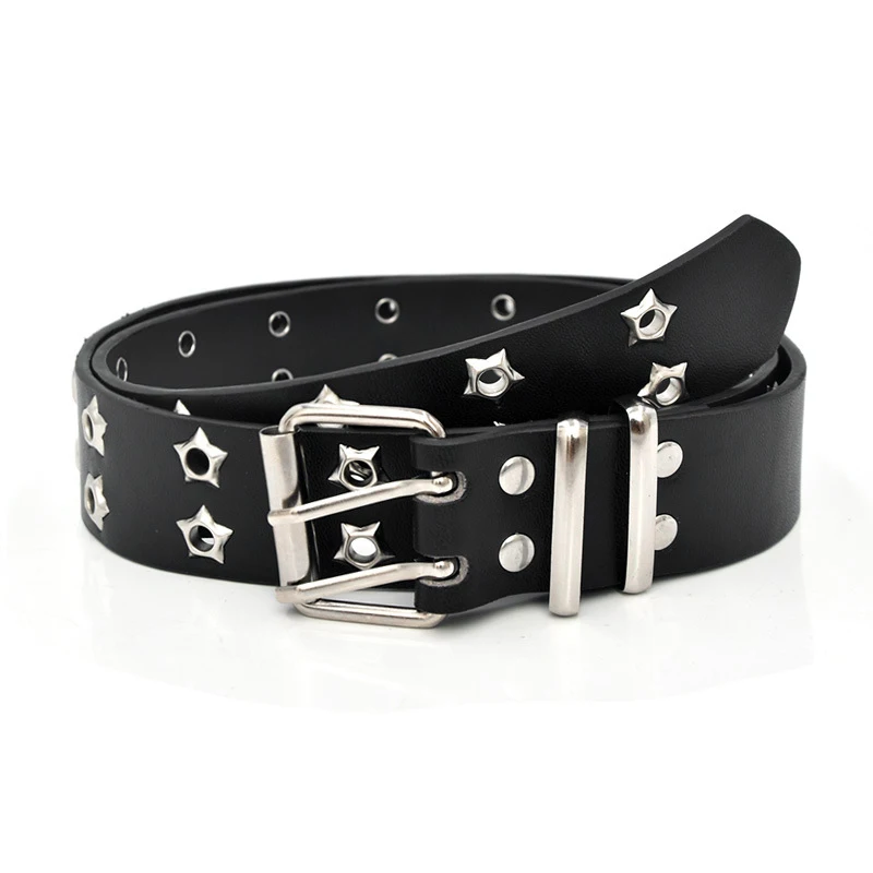 

Freeshipping Star Eye Rivet Belt Punk Women Goth Style Black Double Pin Metal Buckle Adjustable Waistband For Jeans Y2K Decor