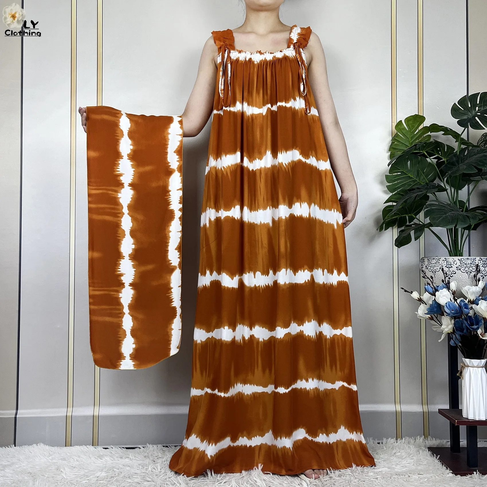 New Dubai Fashion Elegant Women Summer Sleeveless Cotton Printed Flowers Loose Dress African Dashiki Maxi Lady Dress With Scarfs
