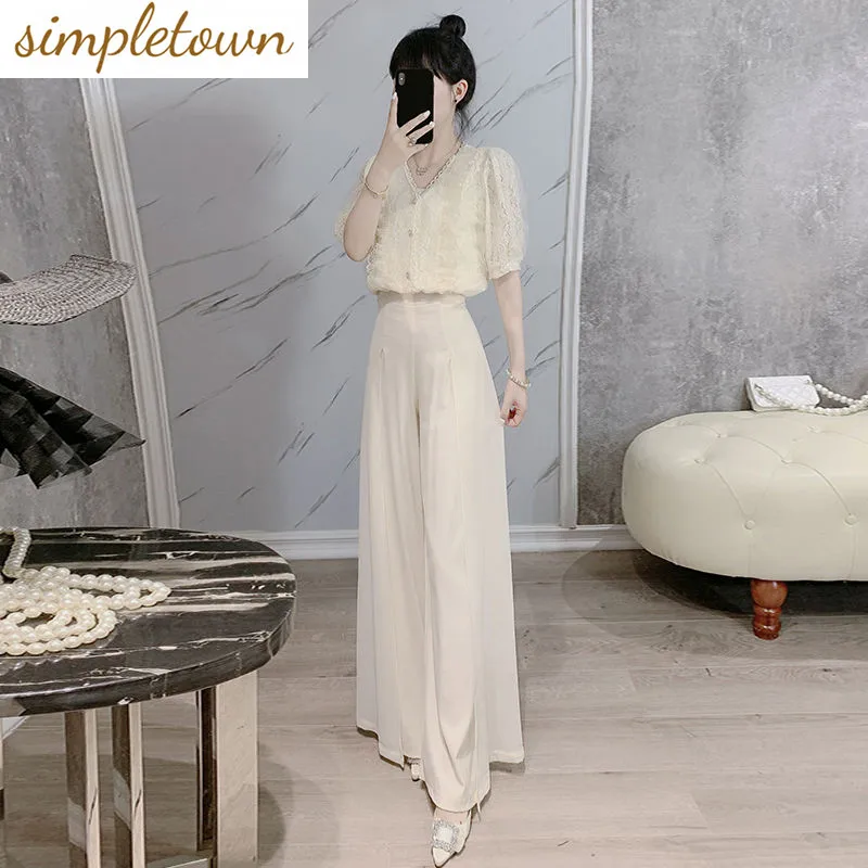 Korean Style Hollowed Out V-neck Chiffon Shirt Casual Wide Leg Pants Two-piece Elegant Women's Pants Set Summer Outfits