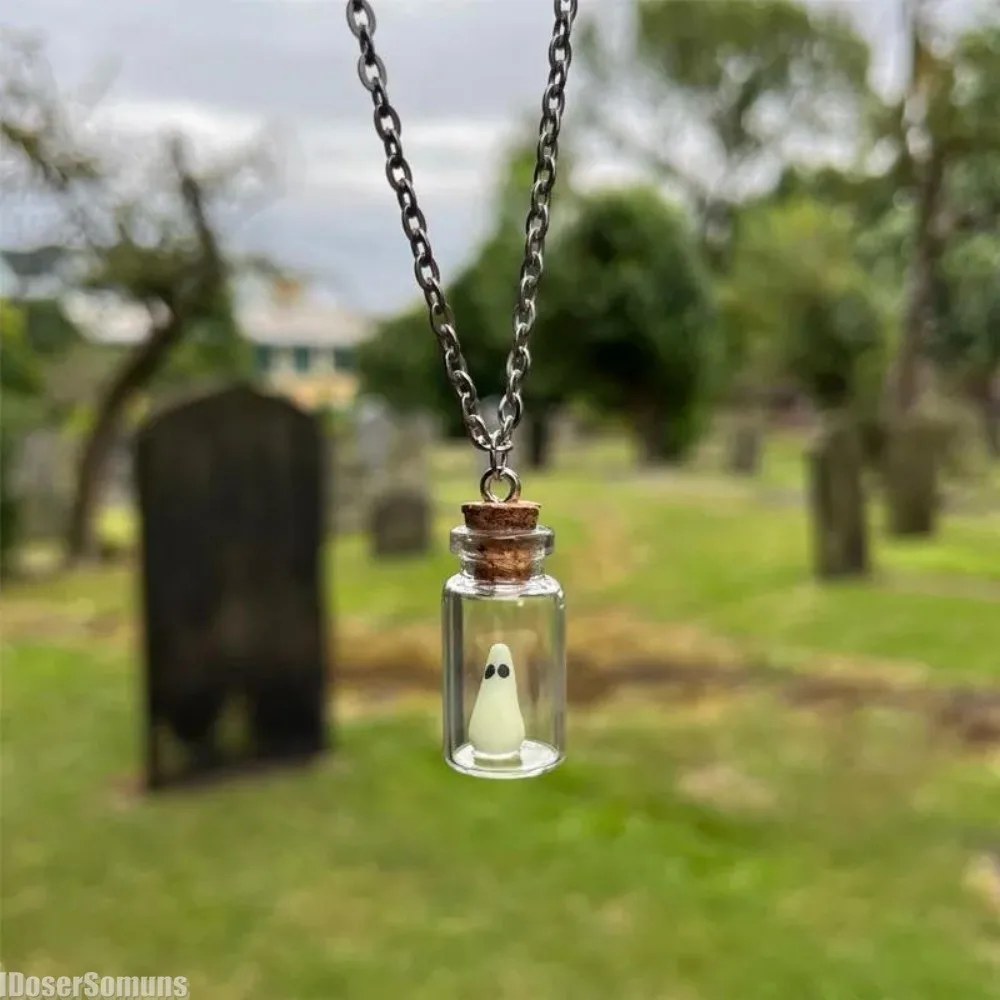 Ghost in A Bottle Pendant Necklace Halloween Jewelry Cute Glow Mini Vial Jar Light Charms Decor Earring Locket Spooky Decoration 5