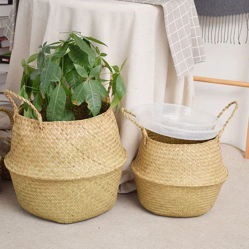 Seaweed Wicker Basket Folding Rattan Seagrass Storage Toy Organizer Rattan Hanging Flowerpot Dirty Clothes Storage Basket 5
