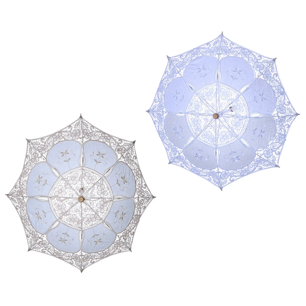 

2pcs Lace Umbrella Handmade Cotton Craft Photography Prop Wedding Umbrella Decor Diameter 30cm (White, Beige)