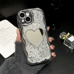 Glitter 3D Love Heart Mirror Phone Case with Cream Grain Edge and Electroplate Finish - iPhone 13 (Heart - shaped)