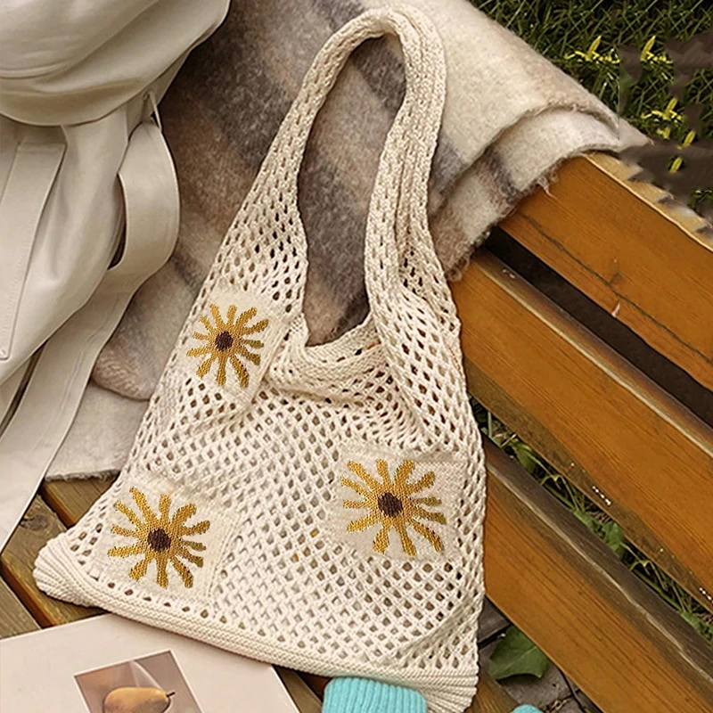 Eco-Friendly Portable Flower Mesh Net Shopping Bag Reusable Foldable Handbag Tote for Fruit Vegetable Storage Women Grocery Bag