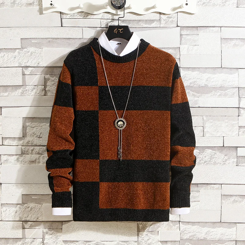 2023 Autumn Winter New Chenille Men's Knitwear Korean Slim Fit Round Neck Sweater Trendy Bottom Sweater Casual Contrast Color