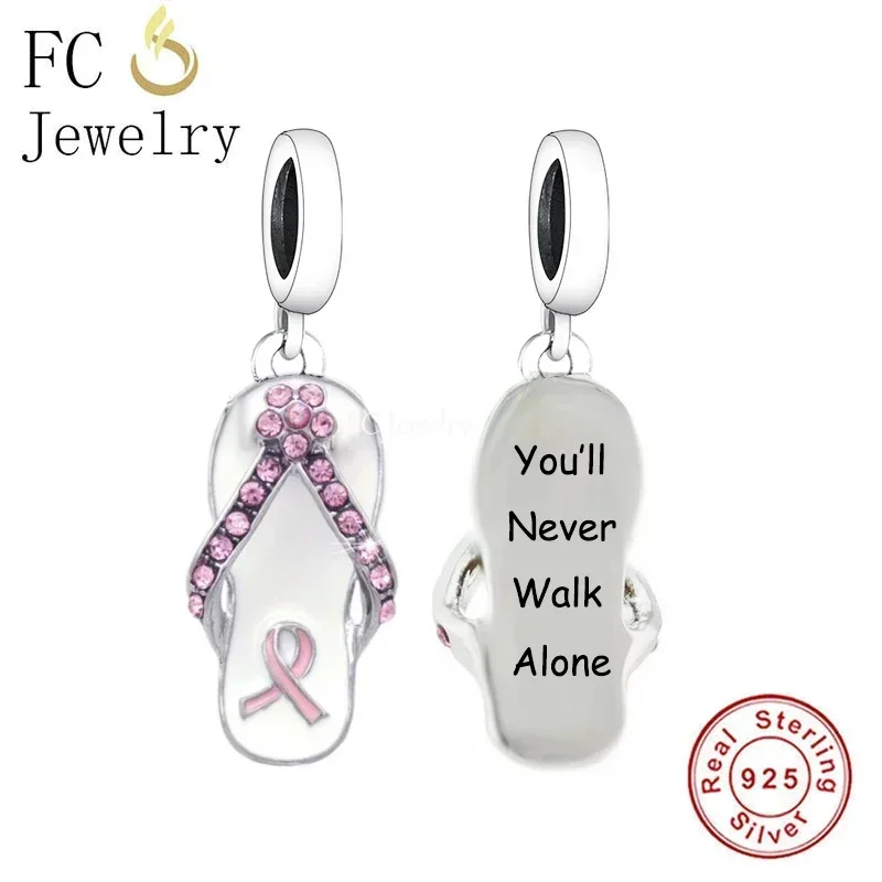 Fit Original Pan Charms Bracelet 925 Silver You Will Not Walk Alone Pink Ribbon Breast Cancer Flip Flop Bead For Making Berloque 2