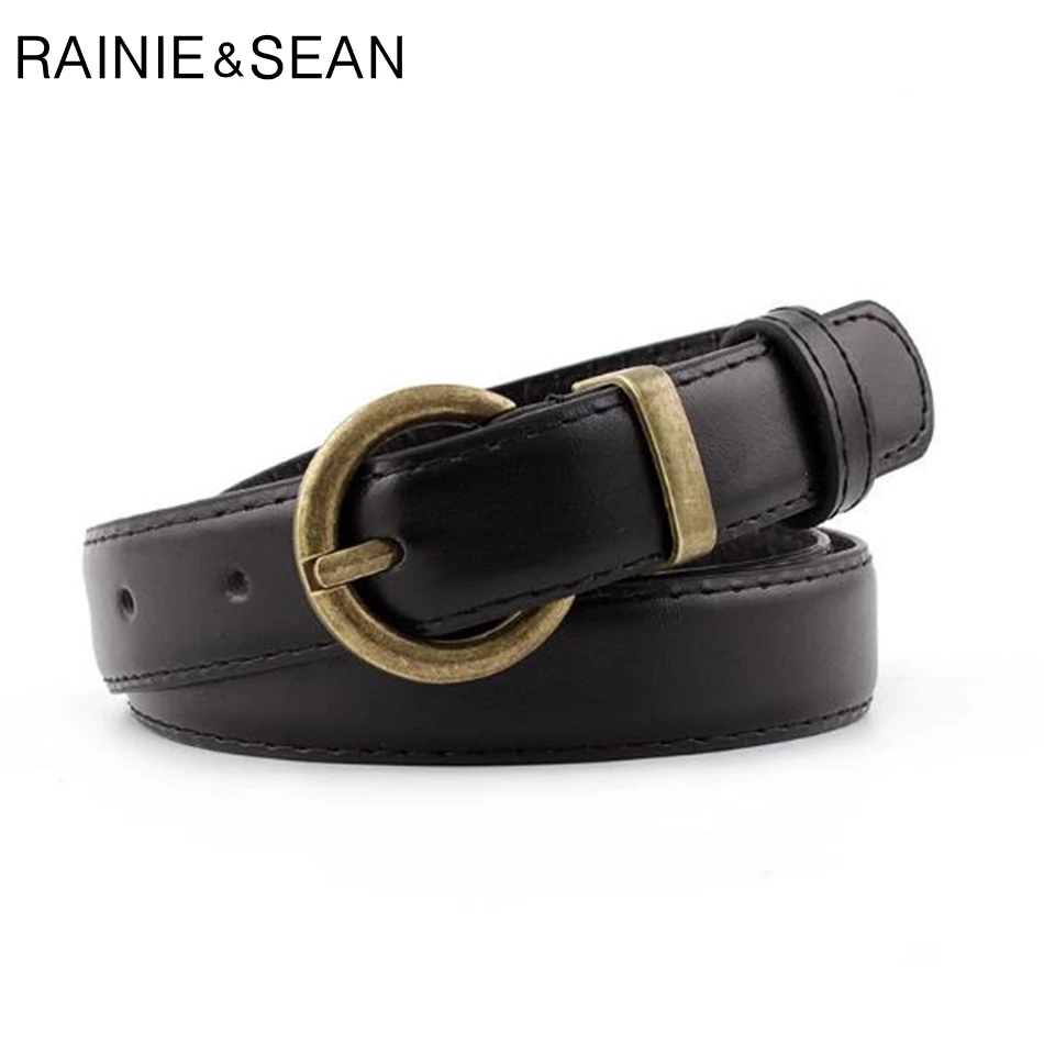 RAINIE SEAN Thin Women's Belt Pin Buckle Leather Belt For Jeans Korean Vintage Black Coffee Camel Ladies Waist Belt For Trousers