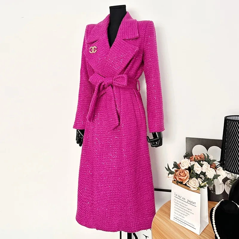 

Woolen Windbreaker Jacket Women's Overcoat 2023 Autumn Winter New Fashion Waist Slim Long Lace-Up Rose Pink Wool Coat Outwear