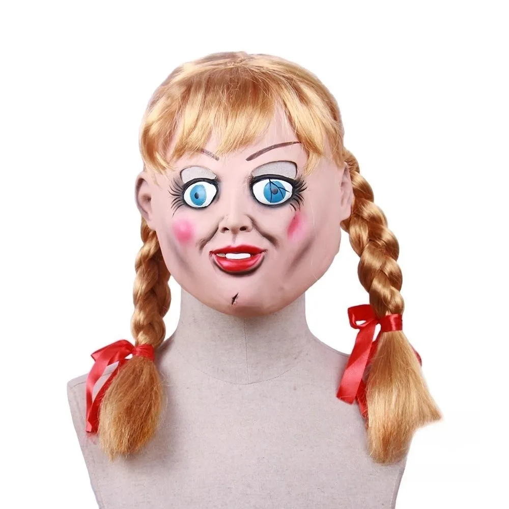 Annabelle Doll Mask Cosplay Horror Movie The Conjuring Full Face Latex Helmet Scary Headwear Halloween Masquerade Party Costume