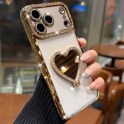 Elegant Rhinestone Heart Mirror Stand Phone Case with Fall Protection Back Cover - iPhone 18 (Golden)