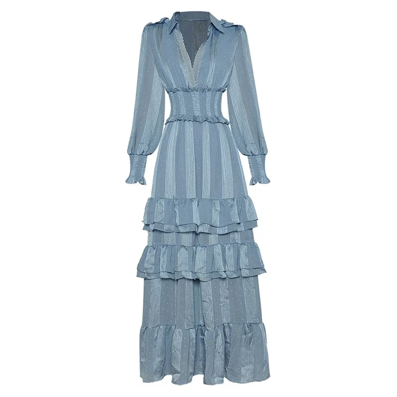 

2023 V-Neck Fashion Autumn Women Lantern Sleeve Elastic Waist Ruffle Pink Stripe Elegant Long Holiday Dress