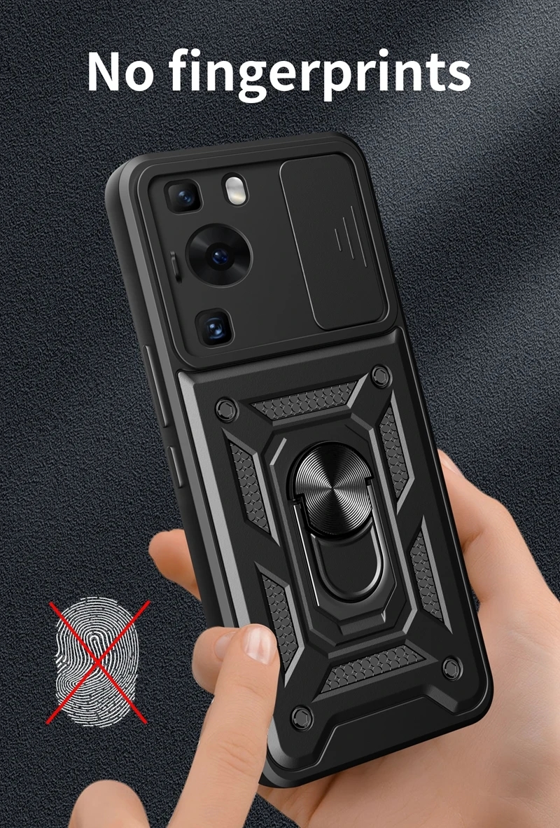 Armor Shockproof Magnetic Ring Stand Holder Case with Slide Camera Lens Cover