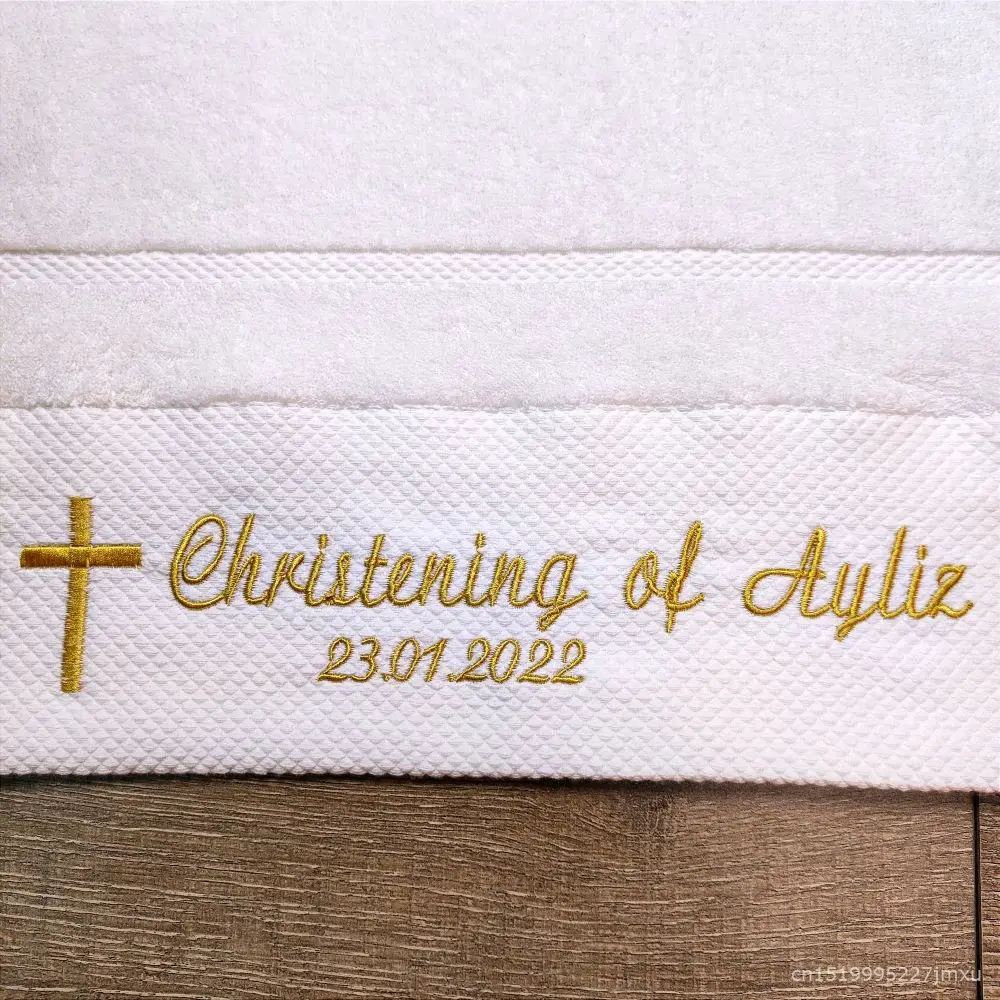 AHSNME Customized Baptism Towel 70x140cm Bath Towels for Baby Christening White Towel with Name and Date 3