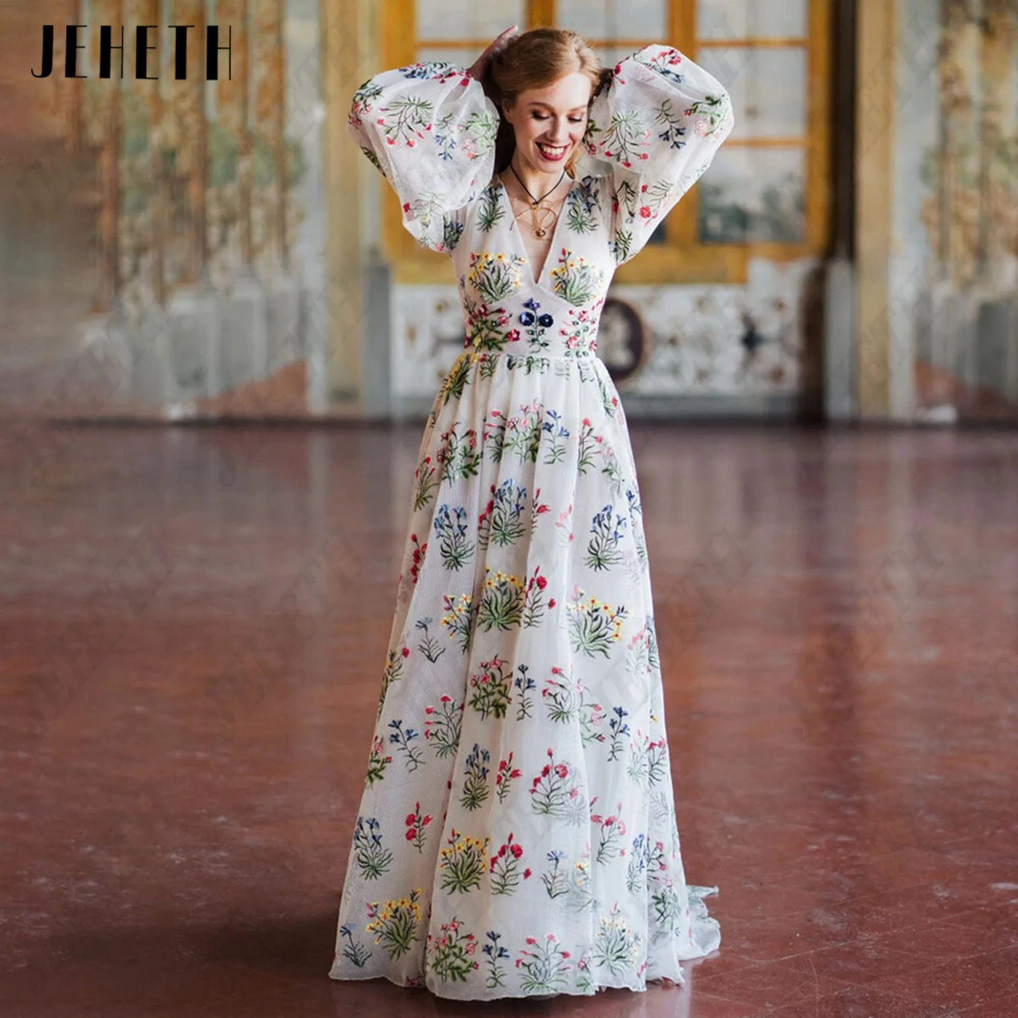 

JEHETH Floral A-Line Prom Dress Flowers Embroidery Deep V-Neck Puff Sleeves Pastrol Party Gowns Tulle Formal Occasion Dresses