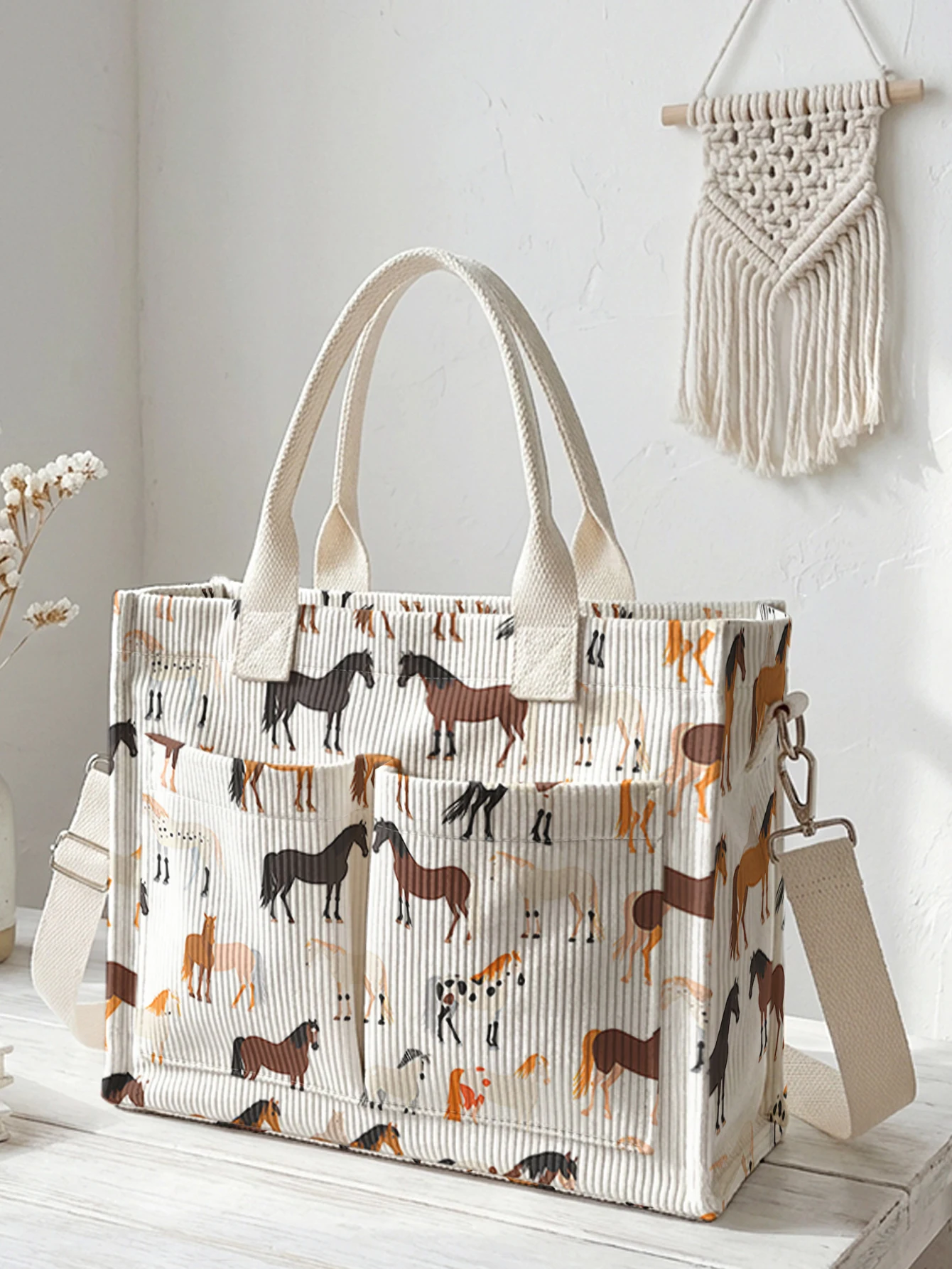 Pferde-Motiv Cord-Tragetasche Große Kapazität Multi-Taschen Reitsport-Liebhaber Pendler-Schultertasche